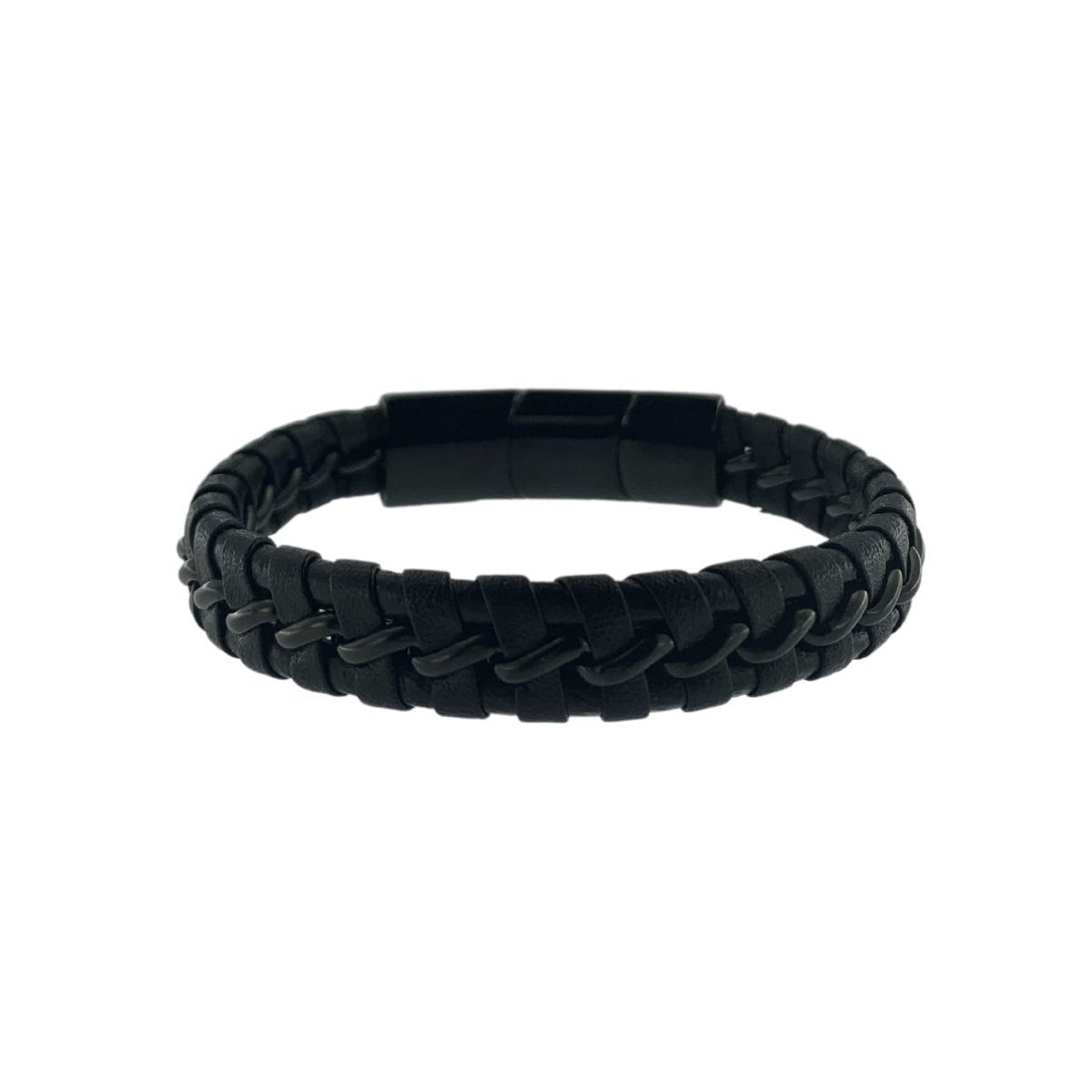 PULSERA CADENA DE ACERO NEGRO Y PIEL TRENZADA