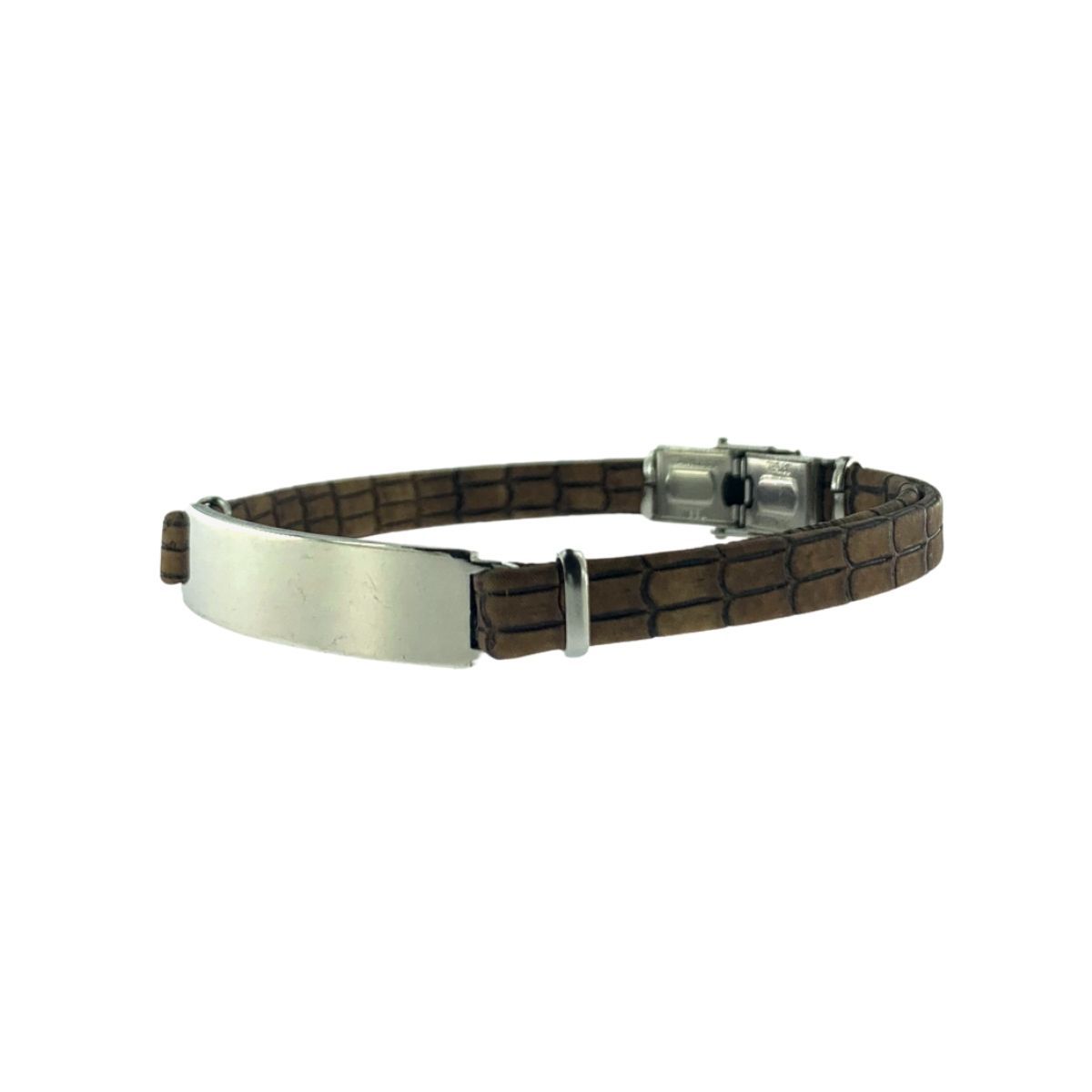 PULSERA DE PIEL ESTAMPADA MARRON CON PLACA DE ACERO