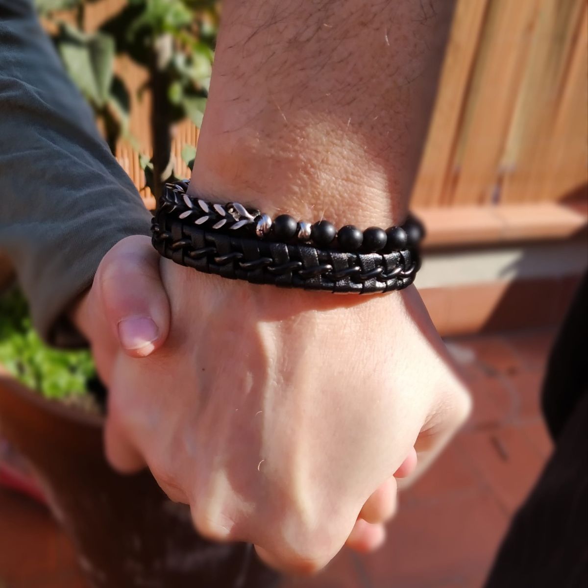 PULSERA CADENA DE ACERO NEGRO Y PIEL TRENZADA