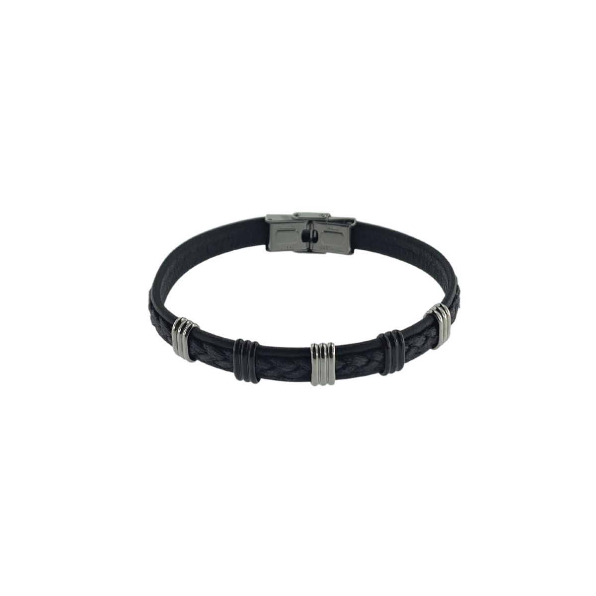 PULSERA TRENZA NEGRA Y PIEZAS DE ACERO
