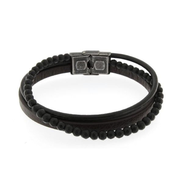 PULSERA HOMBRE PIEL Y BOLAS NEGRAS