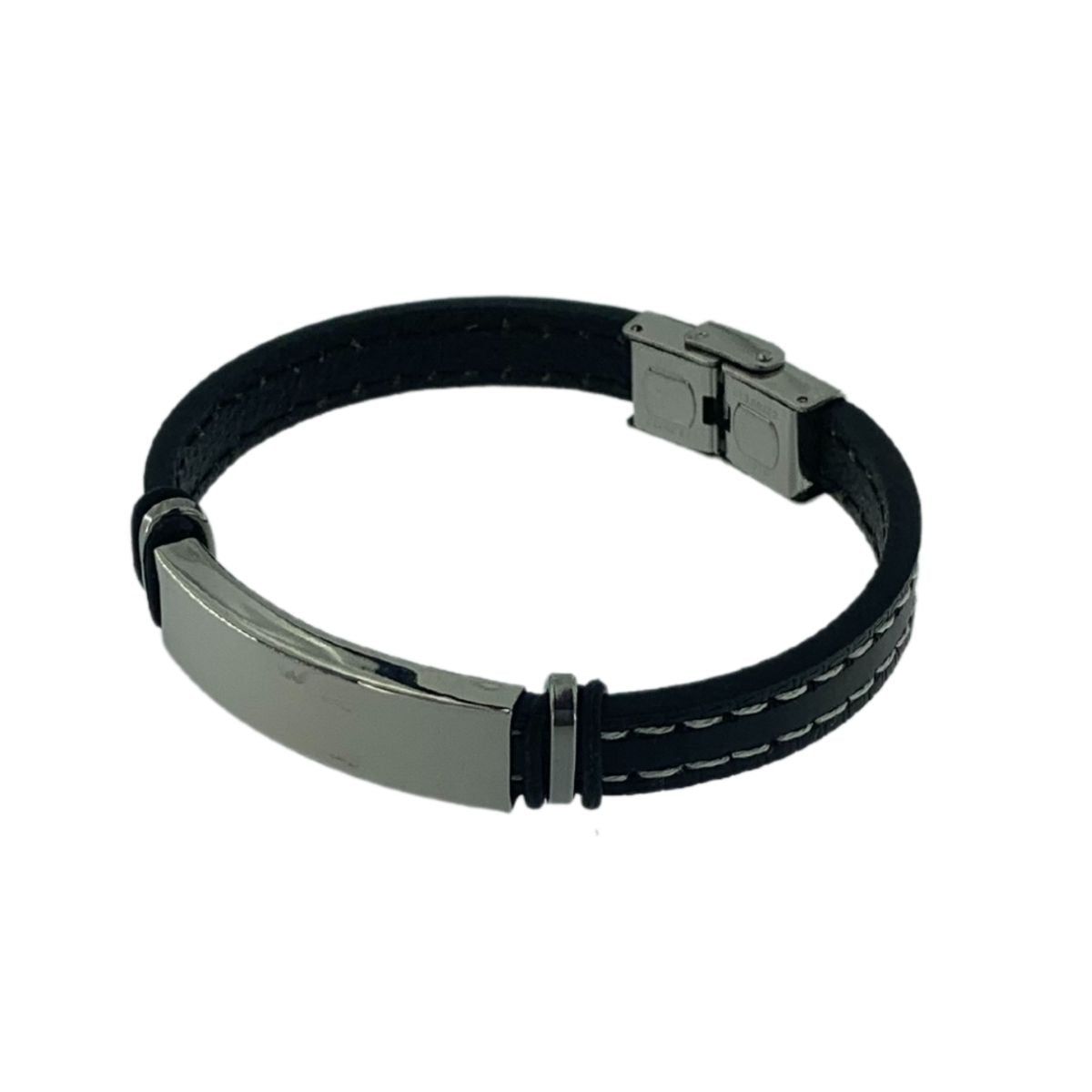 PULSERA DE PIEL NEGRA CON PESPUNTES Y PLACA