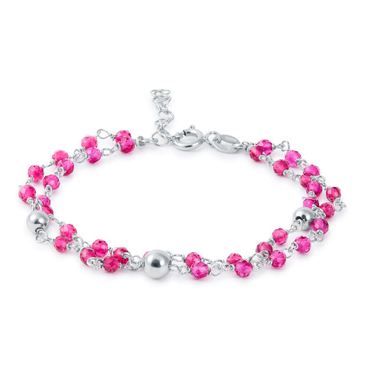 PULSERA FUCSIA DOBLE BOLITAS DE PLATA