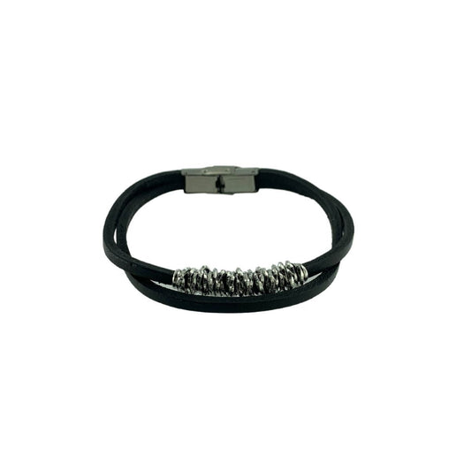 PULSERA PIEL NEGRA DOBLE TIRA CON ANILLAS