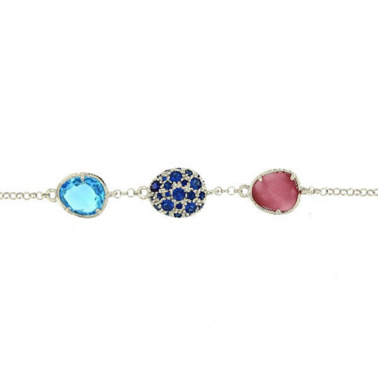 PULSERA CAPRI PLATA Y CRISTAL FUCSIA Y AZUL